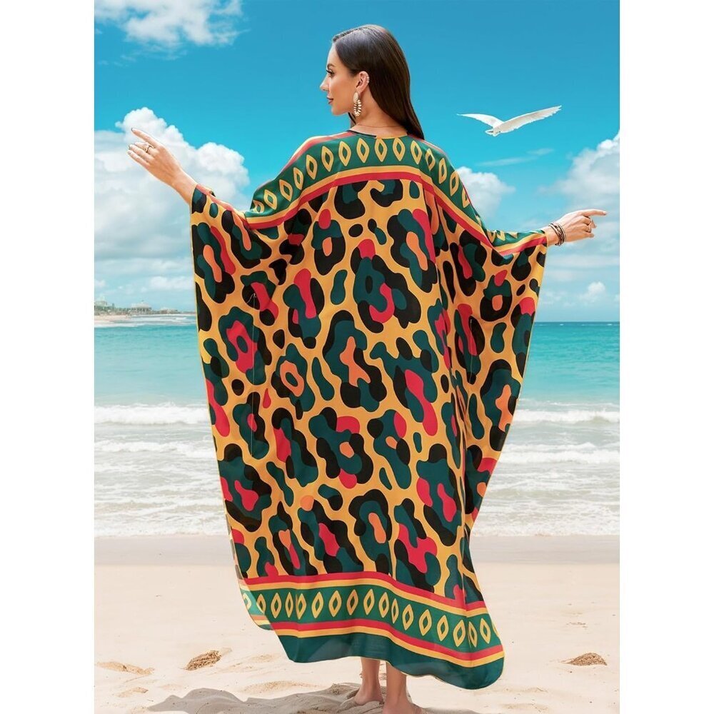 Women Orange & Green V-neck Batwing Sleeve Flowy Split Hem Bohemian Kaftan Dress - Picture 3 of 7